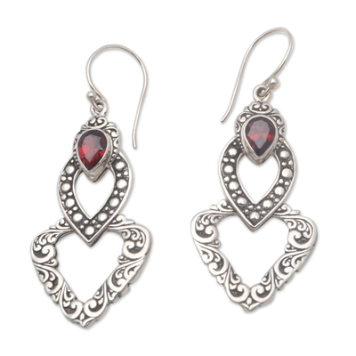 Garnet dangle earrings, 'Hearts of Waves' - Heart-Shaped Faceted Garnet Dangle Earrings from Bali