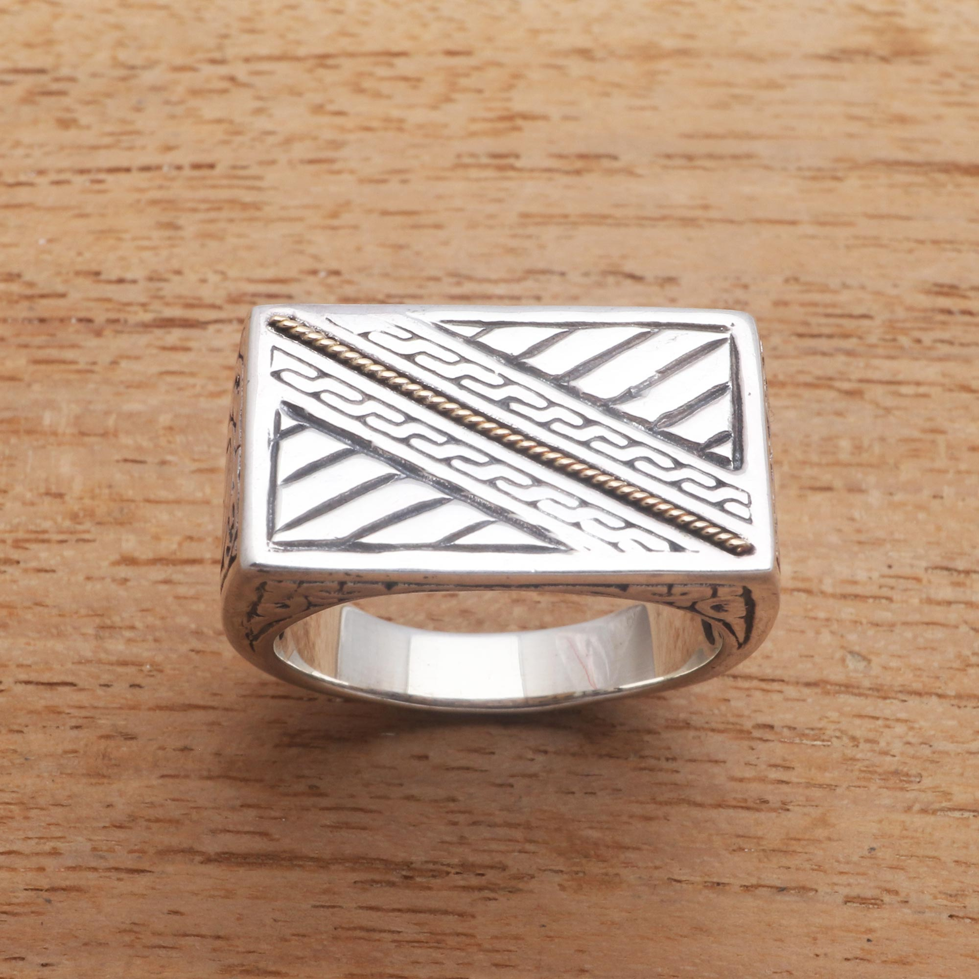 Patterned Gold Accented Sterling Silver Signet Ring, 'Divine Bridge'