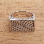 Gold accented sterling silver signet ring, 'Divine Bridge' - Patterned Gold Accented Sterling Silver Signet Ring