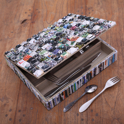 Recycled paper cutlery box, 'Temple Spires' - Handmade Recycled Paper Cutlery Box from Java