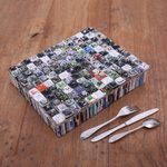 Recycled paper cutlery box, 'Temple Spires' - Handmade Recycled Paper Cutlery Box from Java