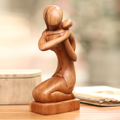 Escultura de madera - Escultura de madre e hijo de madera de suar de Bali
