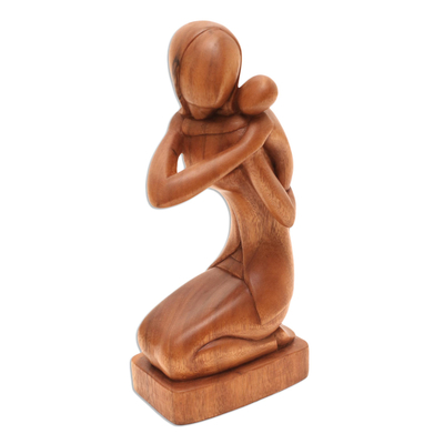 Wood sculpture, 'Carrying Her Child' - Suar Wood Mother and Child Sculpture from Bali