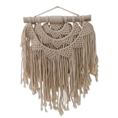 Cotton wall hanging, 'Tegalalang Sunrise' - Hand-Knotted Cotton Wall Hanging with Fringe from Bali