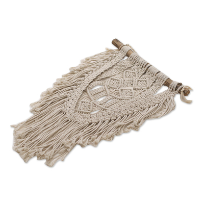 Cotton wall hanging, 'Dawn in Tegalalang' - Hand-Knotted Cotton Wall Hanging in Ivory from Bali