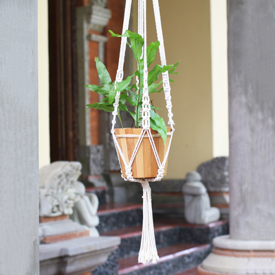 Cotton macrame flower pot hanger, 'Pure Home' - Hand-Knotted White Cotton Macrame Hanger from Bali