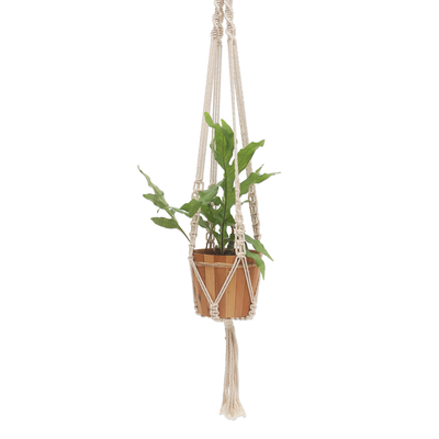 Cotton macrame flower pot hanger, 'Pure Home' - Hand-Knotted White Cotton Macrame Hanger from Bali