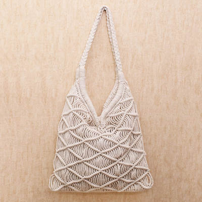 Cotton shoulder bag, 'Beautiful Diamonds' - Diamond-Pattern Hand-Knotted Cotton Shoulder Bag from Bali