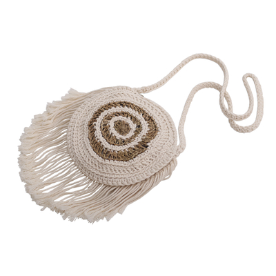 Natural fiber-accented cotton sling, 'Natural Target' - Round Natural Fiber-Accented Cotton Sling from Bali
