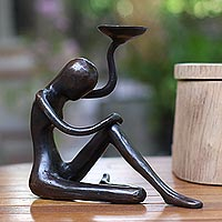 Bronze figurine, 'Ballet Bowl' - Balinese Antiqued Bronze Figurine with a Bowl