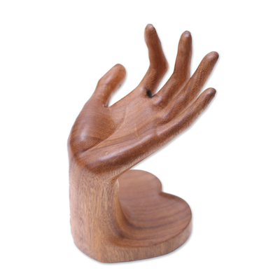 Wood jewelry stand, 'Angel's Palm' - Hand-Shaped Suar Wood Jewelry Stand from Bali