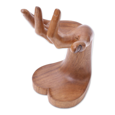 Wood jewellery stand, 'Angel's Palm' - Hand-Shaped Suar Wood jewellery Stand from Bali