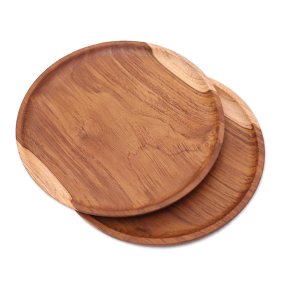 Teak wood plates, 'Natural Appetite' (9 inch, pair) - Handcrafted Teak Wood Luncheon Plates (Pair)