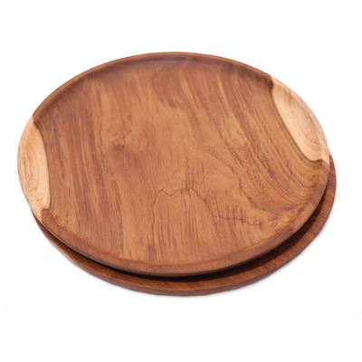 Teak wood plates, 'Natural Appetite' (9 inch, pair) - Handcrafted Teak Wood Luncheon Plates (Pair)