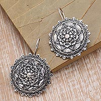 Sterling silver dangle earrings, 'Gallant Lotus' - Lotus Flower Sterling Silver Dangle Earrings from Bali