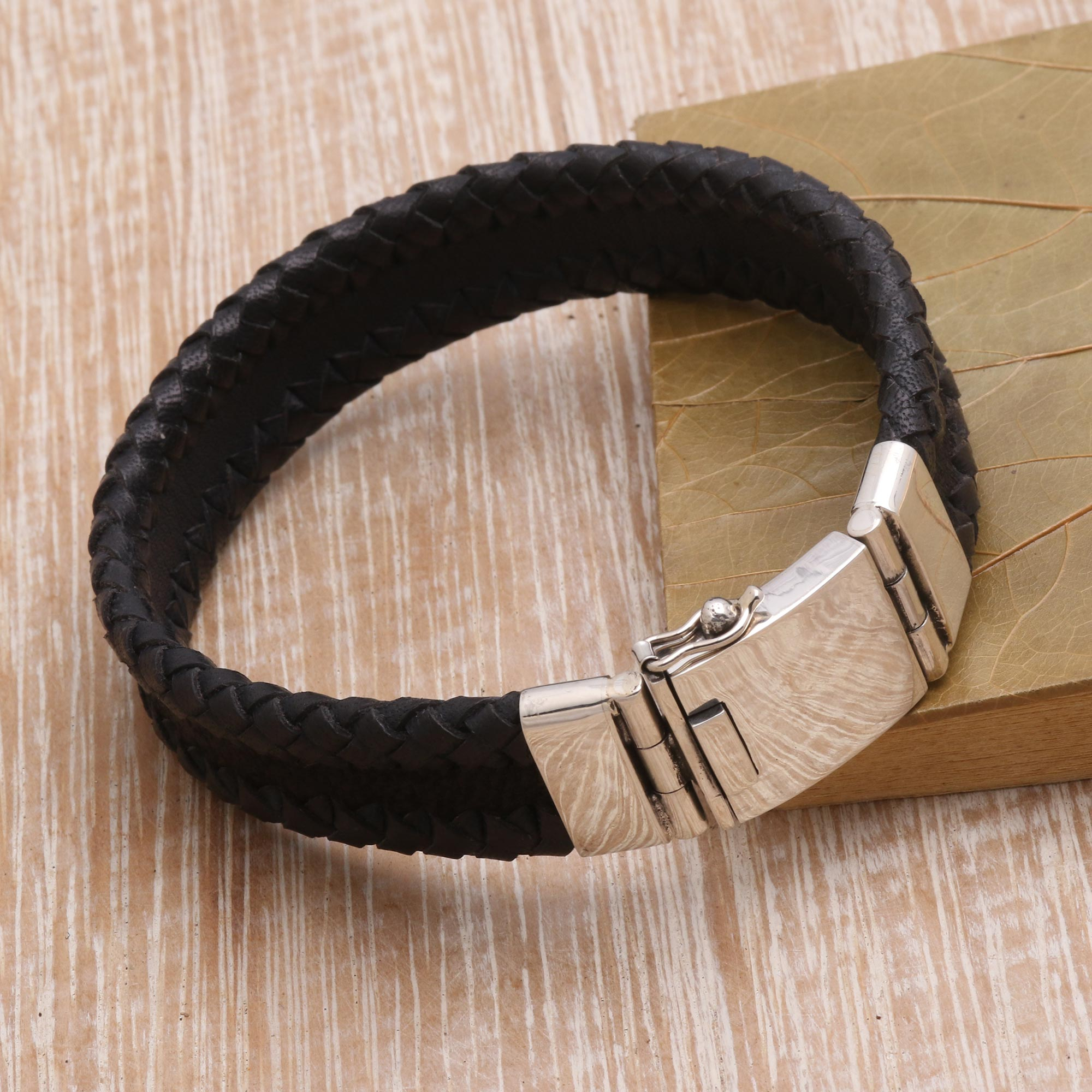 Leather and Sterling Silver Braided Wristband Bracelet - Bold Band | NOVICA