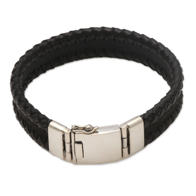 Braided leather and sterling silver wristband bracelet, 'Bold Band' - Leather and Sterling Silver Braided Wristband Bracelet