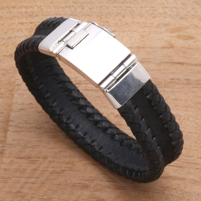 Braided leather and sterling silver wristband bracelet, 'Bold Band' - Leather and Sterling Silver Braided Wristband Bracelet