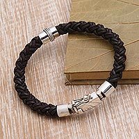 Braided leather and sterling silver bracelet, 'Marvelous Style' - Leather and Sterling Silver Braided Bracelet from Bali