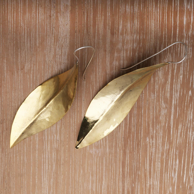 Brass drop earrings, 'Antique Leaves' - Leaf-Shaped Modern Drop Earrings in Brass from Bali