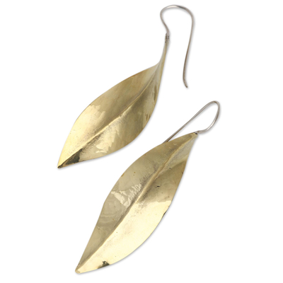 Brass drop earrings, 'Antique Leaves' - Leaf-Shaped Modern Drop Earrings in Brass from Bali