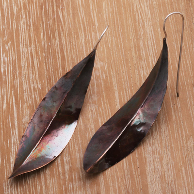Copper drop earrings, 'Antique Leaves' - Leaf-Shaped Modern Drop Earrings in Copper from Bali