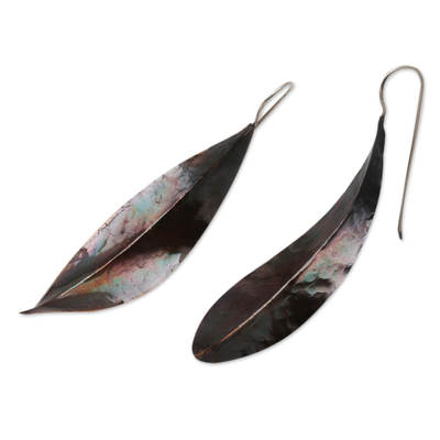 Copper drop earrings, 'Antique Leaves' - Leaf-Shaped Modern Drop Earrings in Copper from Bali