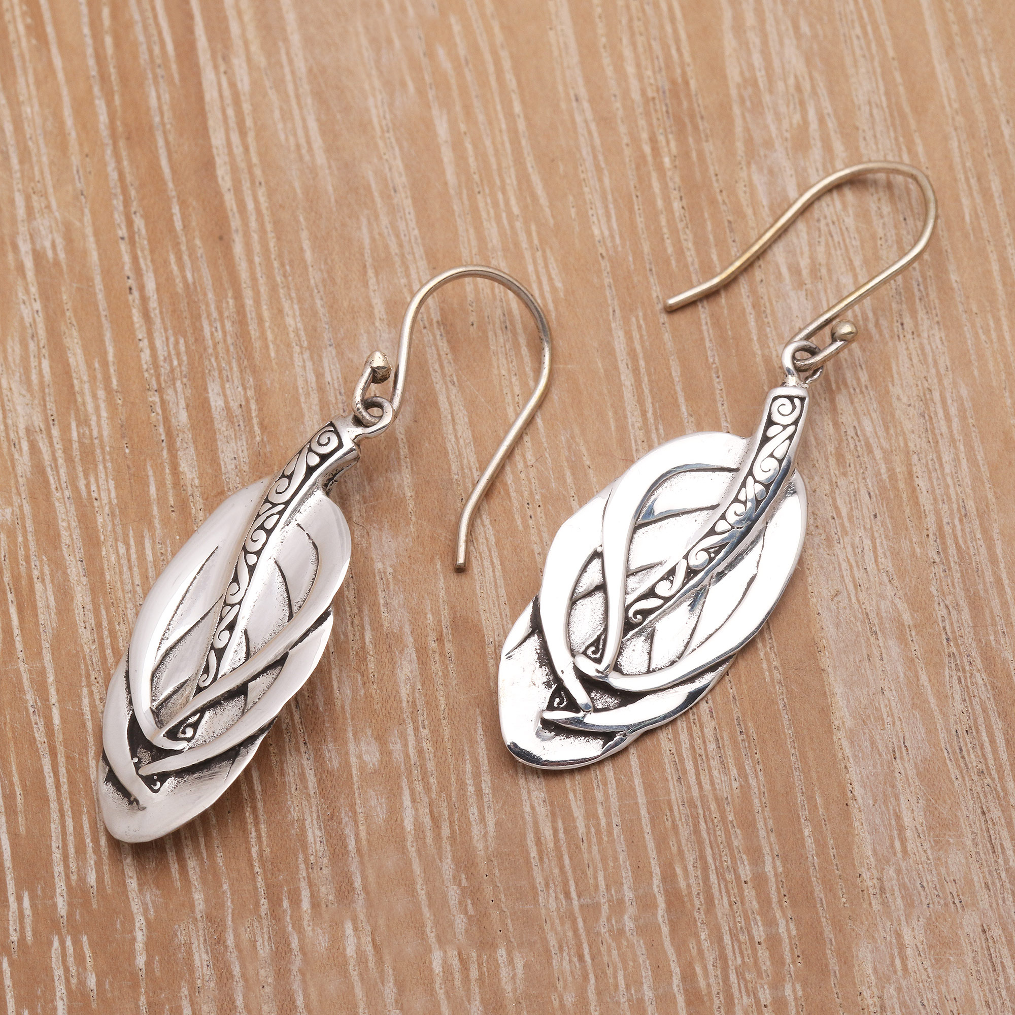 Feather-Shaped Sterling Silver Dangle Earrings from Bali - Tufted ...