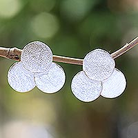 Sterling silver button earrings, 'Textured Trio' - Petite Handcrafted Sterling Silver Button Earrings from Bali