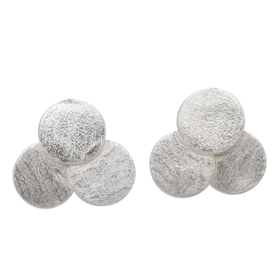Sterling silver button earrings, 'Textured Trio' - Petite Handcrafted Sterling Silver Button Earrings from Bali