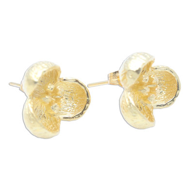 Gold plated stud earrings, 'Bell Blossom' - 18k Gold Plated Floral Stud Earrings from Bali