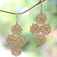 Gold plated dangle earrings, 'Lacy Blossoms' - Balinese 18k Gold Plated Sterling Silver Earrings