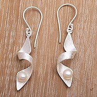 Cultured pearl dangle earrings, 'Ribbon Whirl' - Brushed Sterling Silver Earrings with White Cultured Pearl