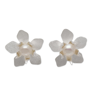 Floral Cultured Pearl Button Earrings Crafted in Bali