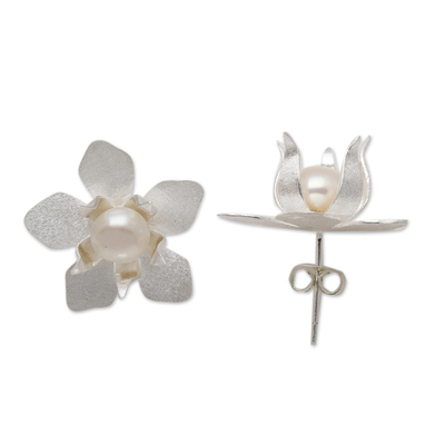 Cultured pearl button earrings, 'Flower Delight' - Floral Cultured Pearl Button Earrings Crafted in Bali