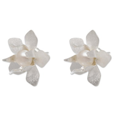 Cultured pearl button earrings, 'Flower Delight' - Floral Cultured Pearl Button Earrings Crafted in Bali