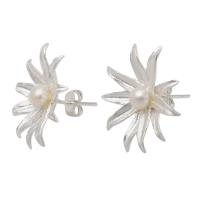Cultured pearl button earrings, 'Lotus Joy' - Lotus Blossom Earrings of Silver and White Cultured Pearl