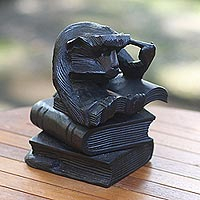 Wood sculpture, 'Studying Monkey' - Suar Wood Sculpture of a Studious Monkey from Bali