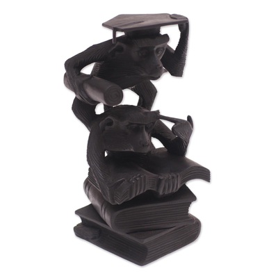 Suar Wood Sculpture of Two Studious Monkeys from Bali