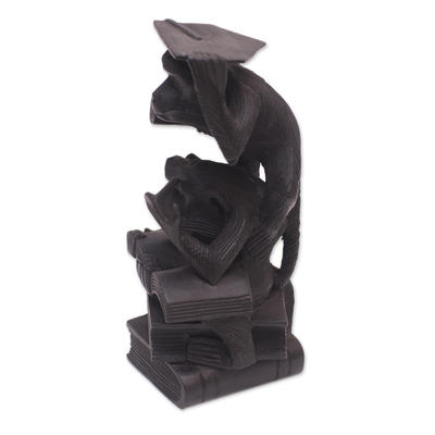 Wood sculpture, 'Studying Monkeys' - Suar Wood Sculpture of Two Studious Monkeys from Bali