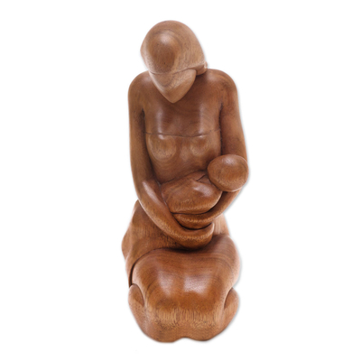 Wood sculpture, 'Care of a Mother' - Mother and Child-Themed Suar Wood Sculpture from Bali