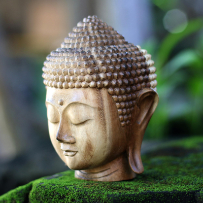 Hibiscus wood sculpture, 'Buddha Nature' - Hand-Carved Wood Buddha Head Sculpture from Bali