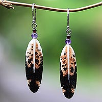 Bone and amethyst dangle earrings, 'Fascinating Feathers' - Feather-Shaped Bone and Amethyst Dangle Earrings from Bali