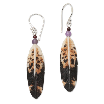 Amethyst and garnet dangle earrings, 'Fascinating Feathers' - Feather-Shaped Dangle Earrings with Amethyst from Bali
