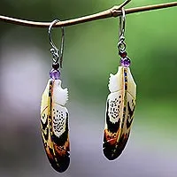 Bone and amethyst dangle earrings, 'Delightful Feathers' - Hand-Carved Bone and Amethyst Feather Dangle Earrings