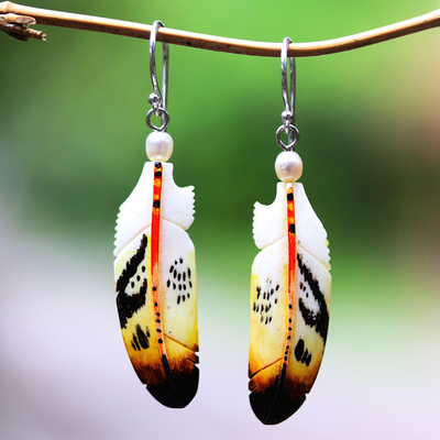 Cultured pearl dangle earrings, 'Stunning Feathers' - Cultured Pearl Feather Dangle Earrings from Bali
