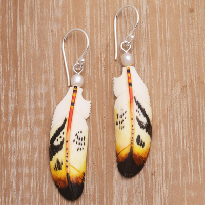 Cultured pearl dangle earrings, 'Stunning Feathers' - Cultured Pearl Feather Dangle Earrings from Bali
