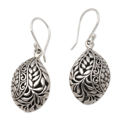 Sterling silver dangle earrings, 'Verdant Seeds' - Leaf Pattern Sterling Silver Dangle Earrings from Bali
