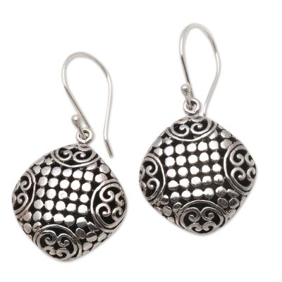 Sterling silver dangle earrings, 'Dotted Squares' - Dot Pattern Sterling Silver Dangle Earrings from Bali