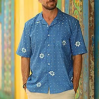 Men's linen-blend short-sleeved shirt, 'Ocean Blue' - Men's IndIgo Short Sleeved Shirt